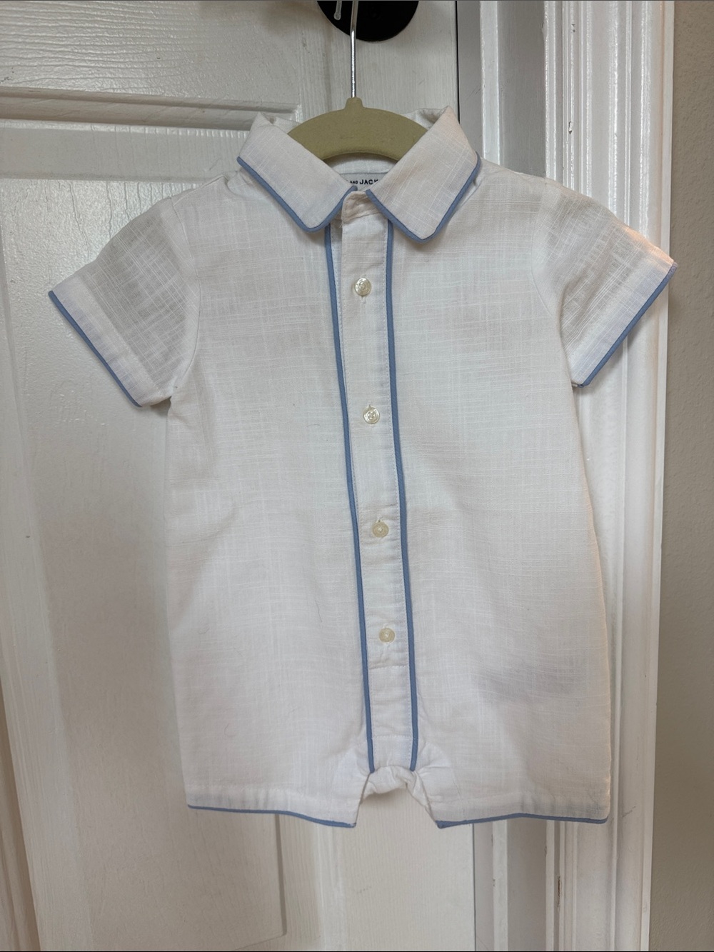 NWT Janie and Jack White Linen Romper with Light Blue Piping